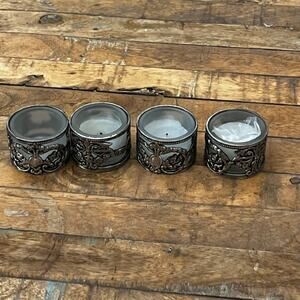 Two's Company Votive Candle Holder Set of 4 Embossed Gothic Design Glass & Metal